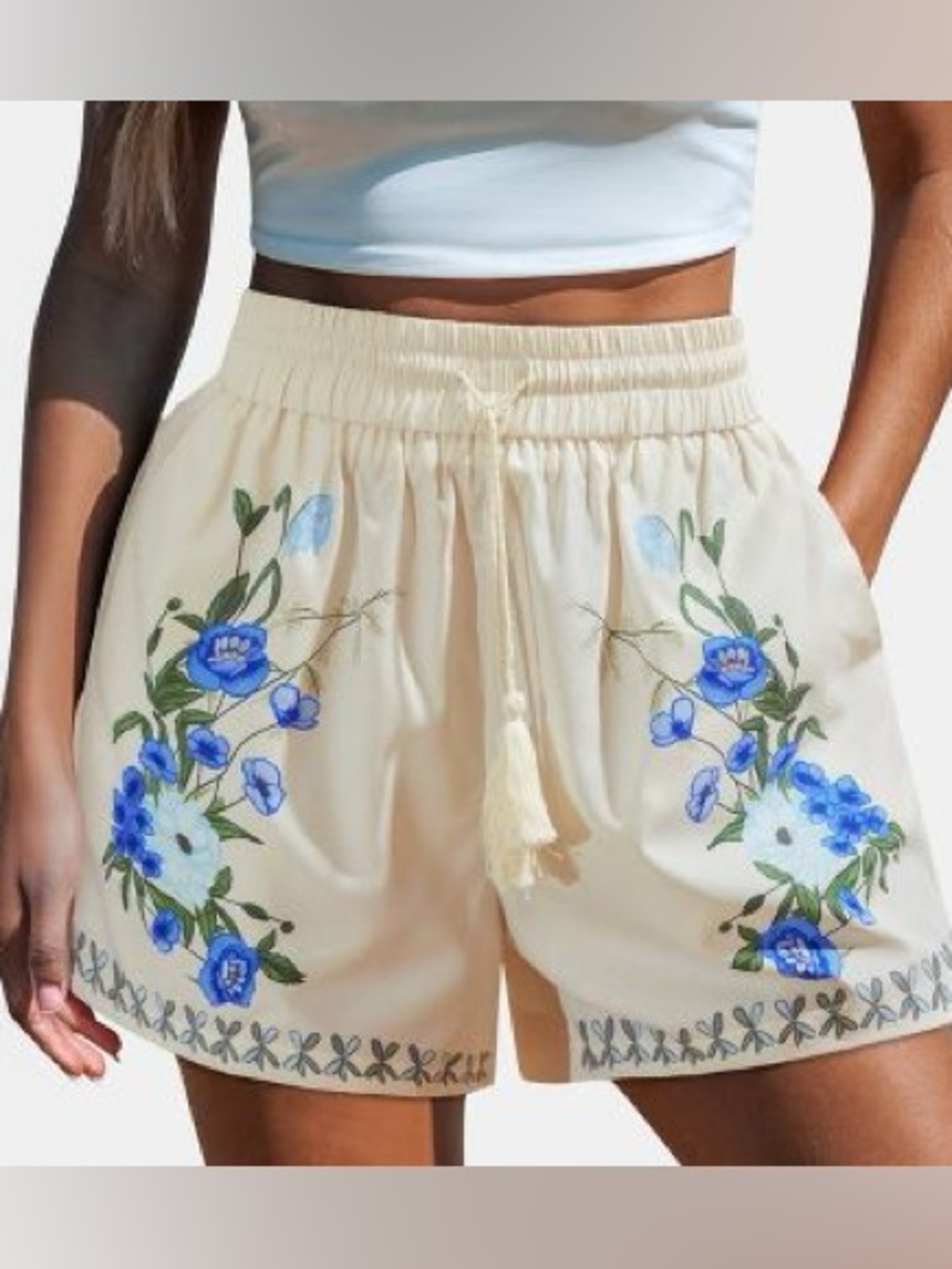 Cupshe-Floral Print Drawstring Shorts with Decorative Floral Embroidery.  Size M